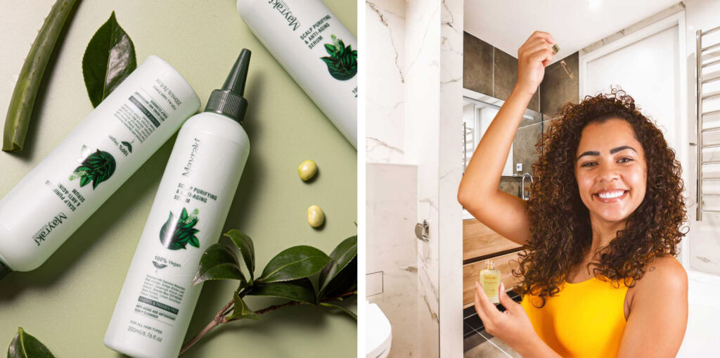 A photograph of some of the brand's products and one of a young woman using the hair serum