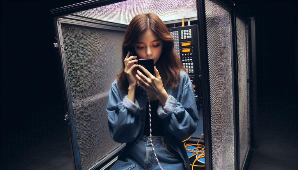 A young woman making a call from inside a Faraday cage