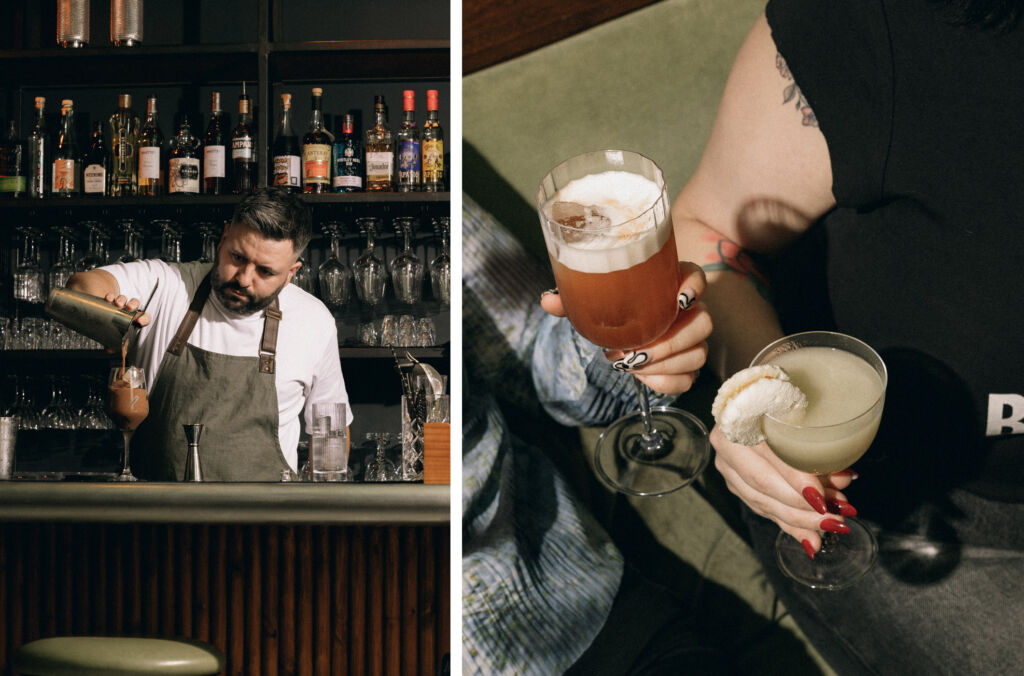 A photograph of a cocktail being prepared and the finished drinks