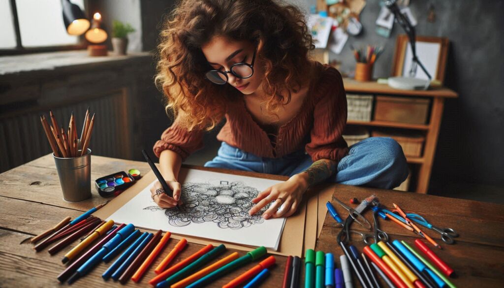 A young woman sketching on paper