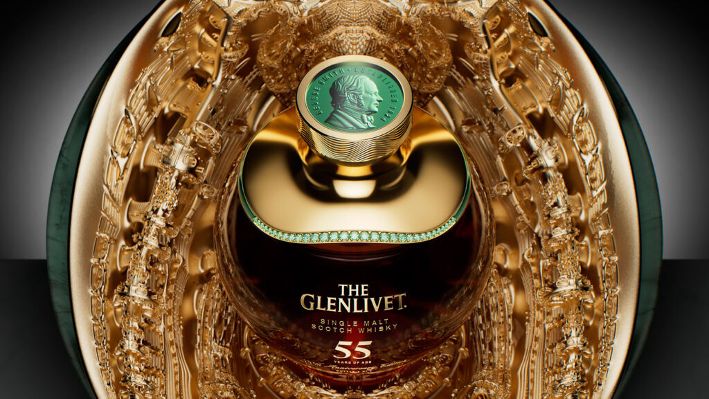 The Glenlivet anniversary edition in its spectacular gold coloured display