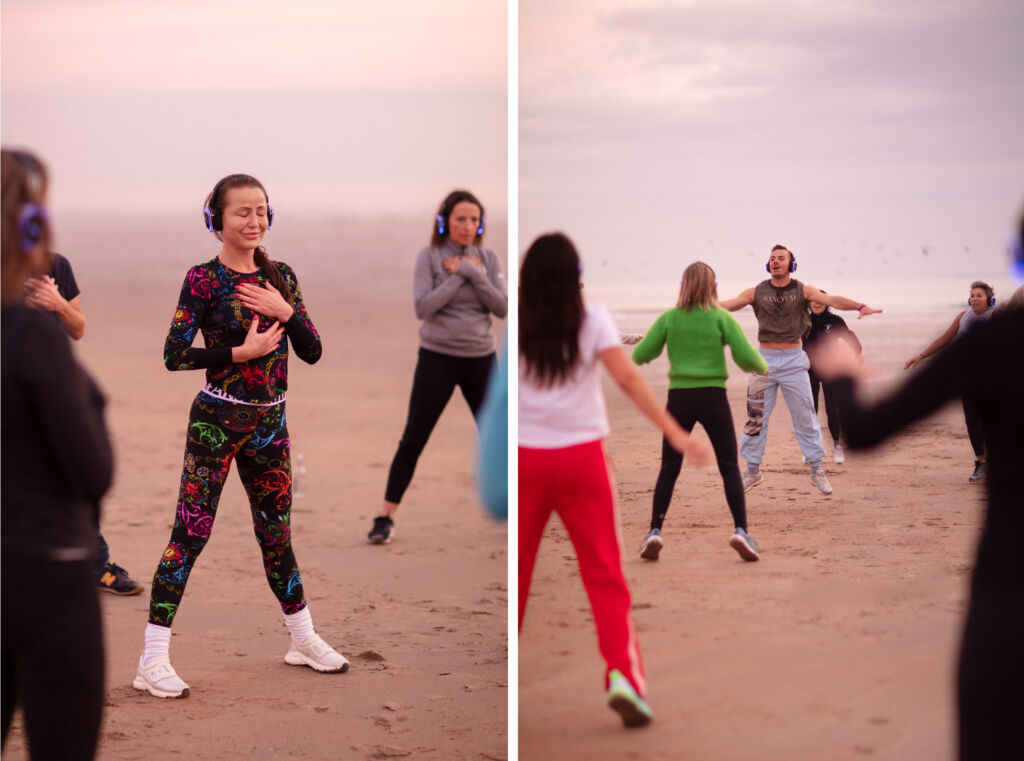 Two photographs of attendees on the beach