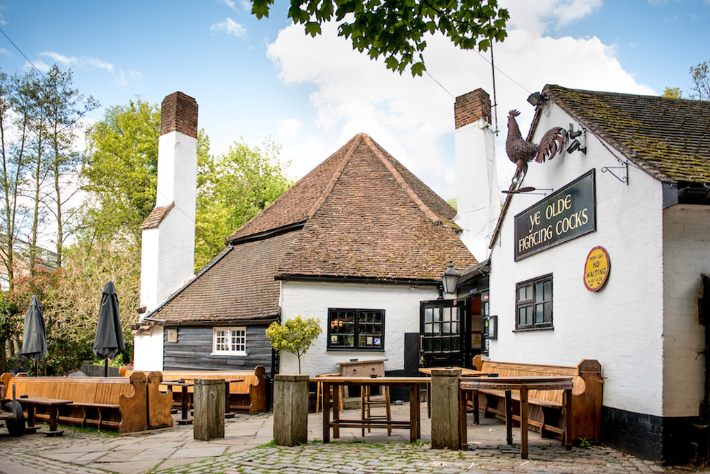 The exterior of Ye Olde Fighting Cocks