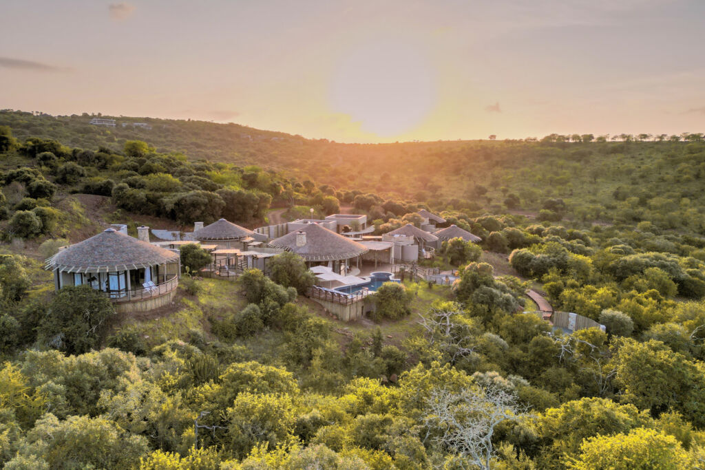 An aerial view of the residences at sunset