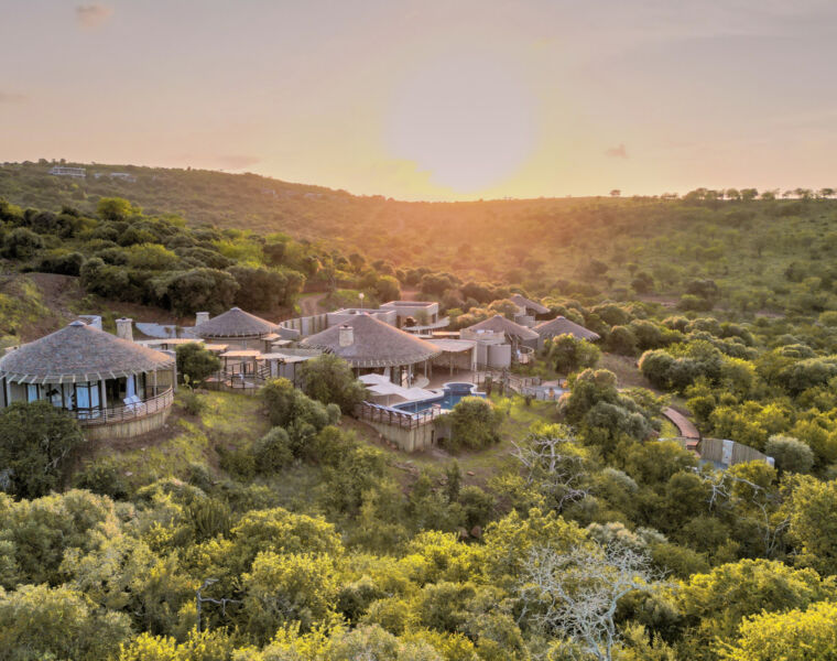 An aerial view of the residences at sunset