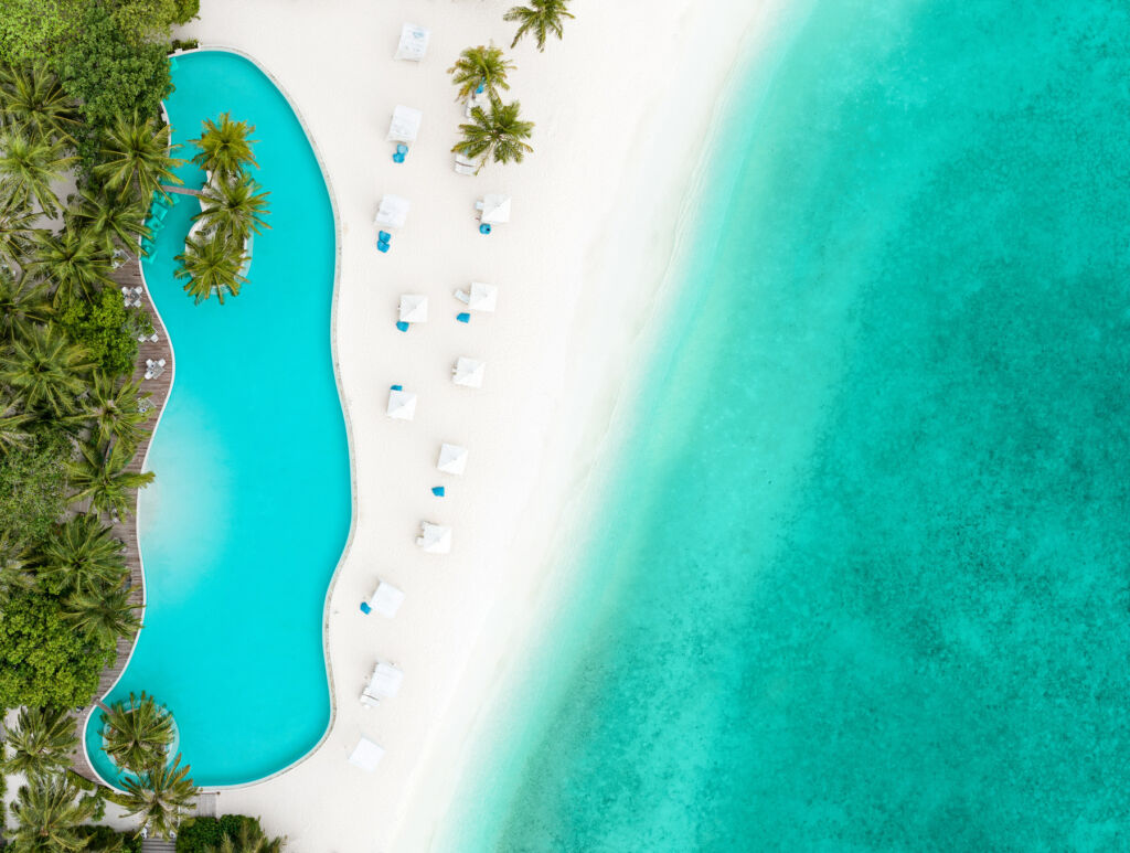 An aerial view of the loungers on the beach