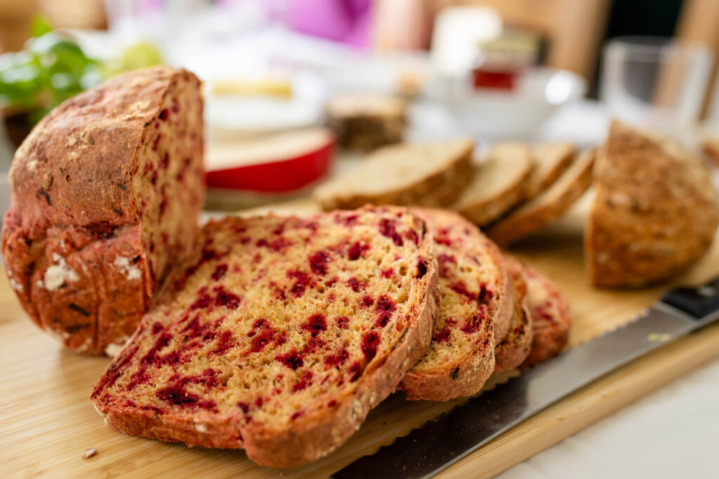 Sliced freshly baked bread with fruit