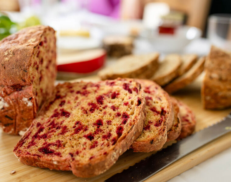 Sliced freshly baked bread with fruit