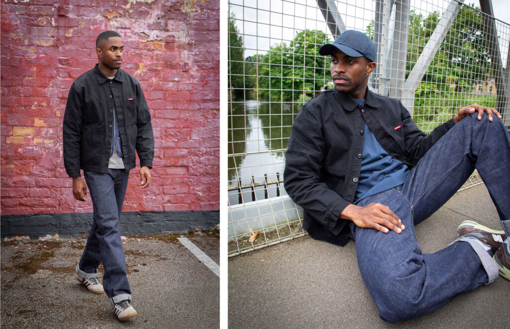 Two photographs of a male model wearing the Benromach Distiller's Coverall Jacket