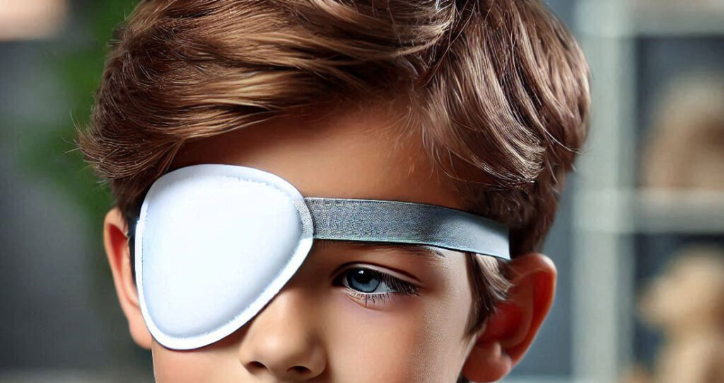 A young boy wearing a white eye patch