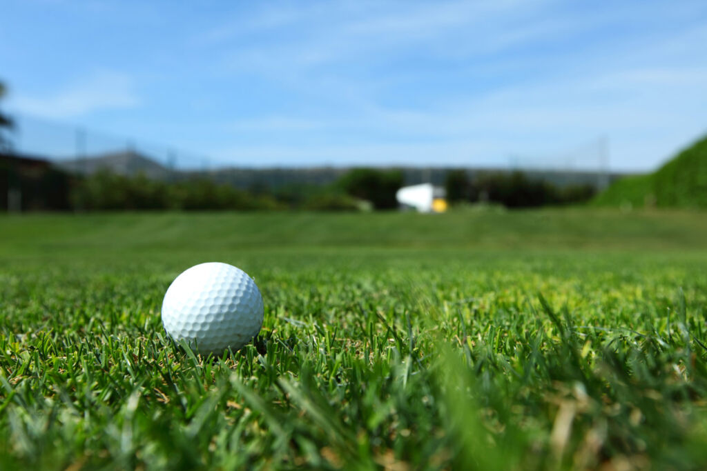 A golf ball waiting to be hit on a Spanish fairway