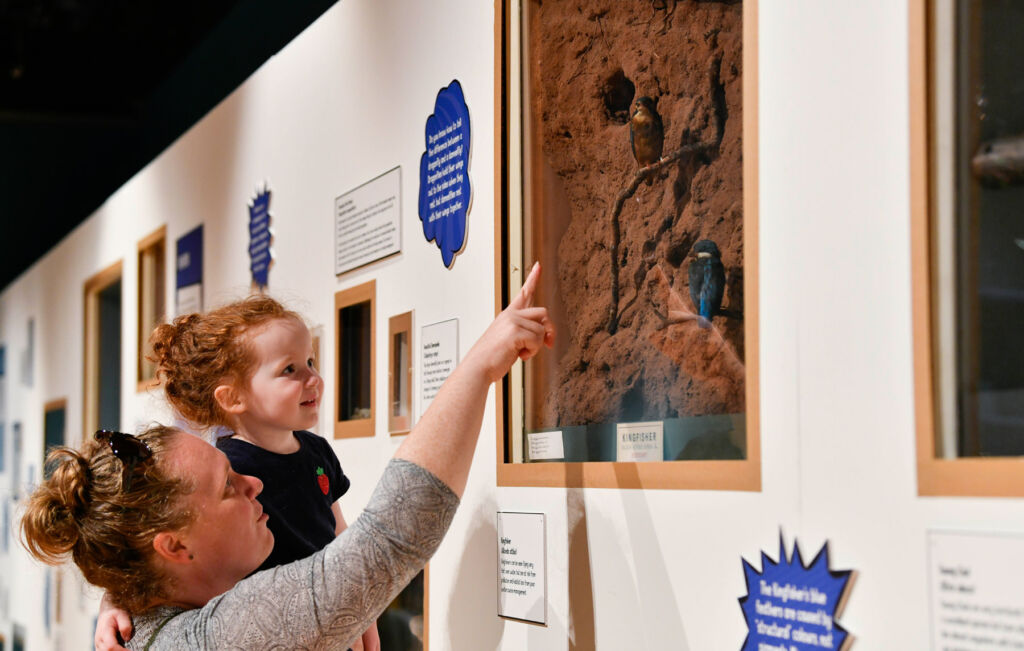 A mother and daughter looking at a photograph of a wild bird