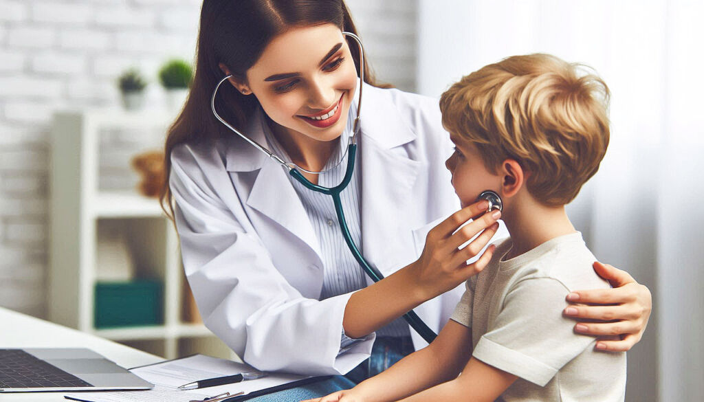 A doctor checking a young boy patient