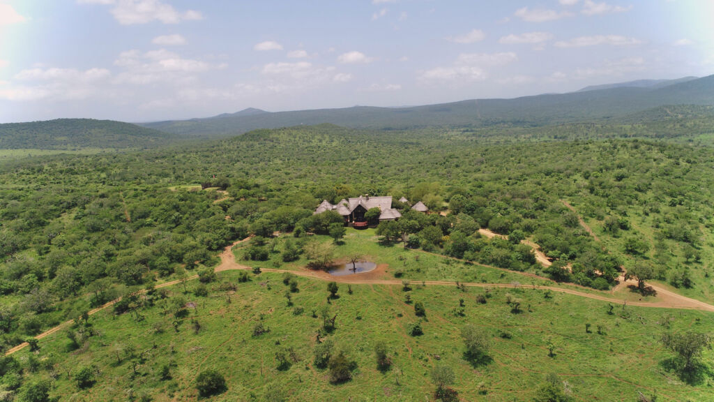 An aerial view showing the surrounding landscape