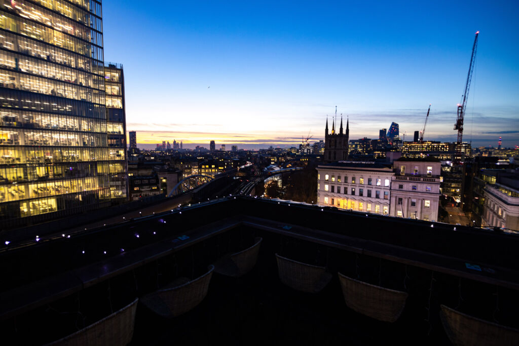 The view across the city at sunset