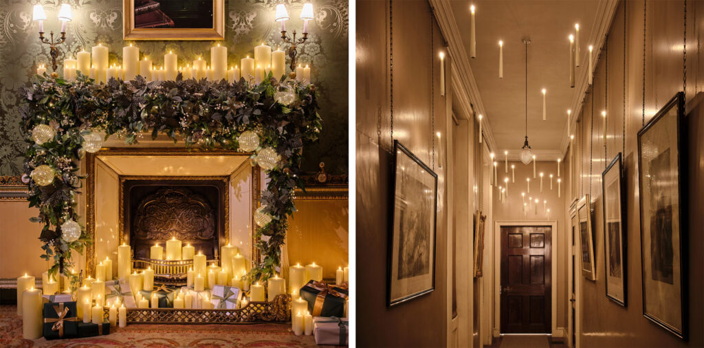 Two photos showing the festive lighting display in the house