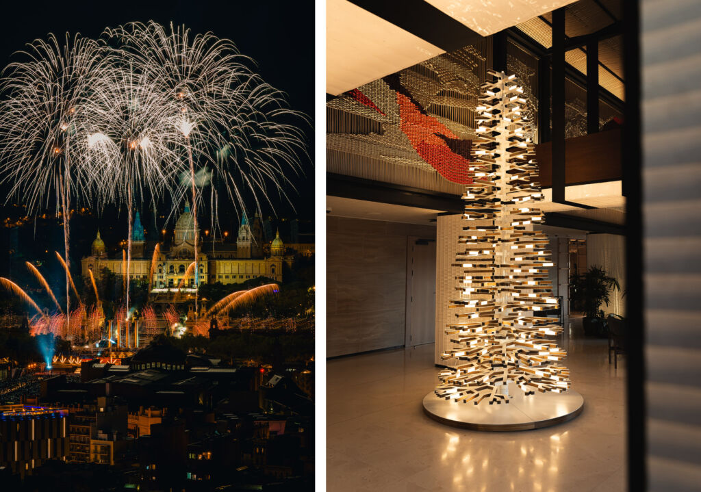 A photograph of a fireworks display and one of a Christmas tree