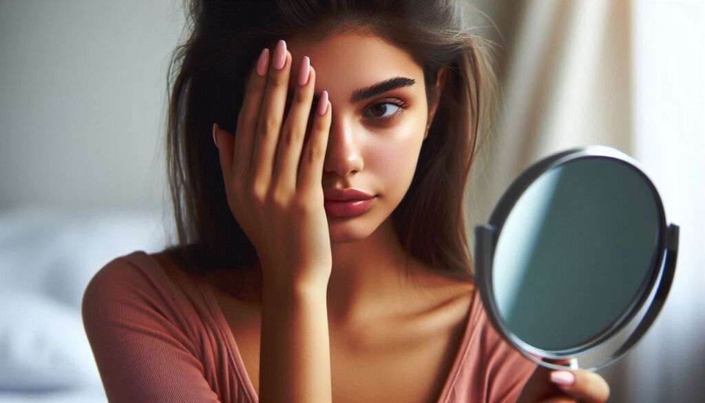 A young woman covering one of her eyes when looking in the mirror