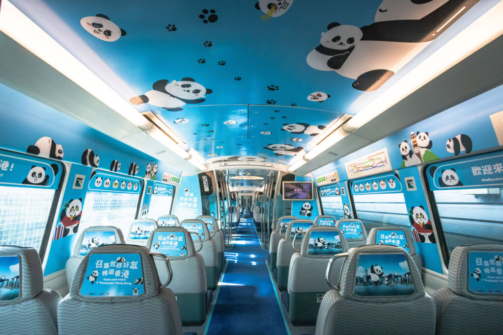 Inside one of the Panda-themed trains