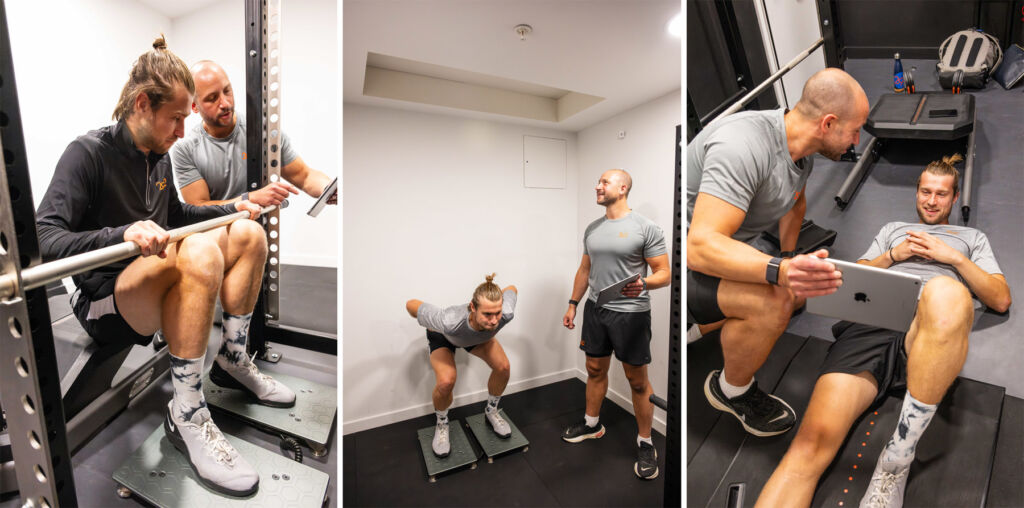 Three photographs showing a man undertaking the training program