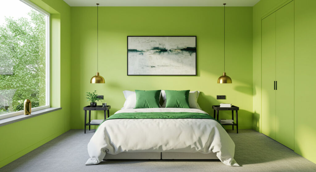 A bedroom with lime green walls