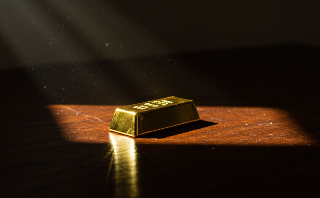 A gold bar on a wooden table