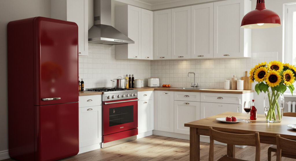 A kitchen with cherry red appliances