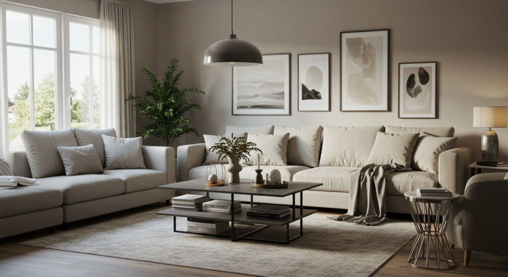 A living room with a Taupe colour scheme