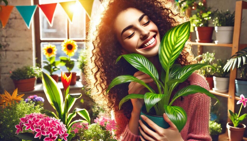 A woman carrying a houseplant