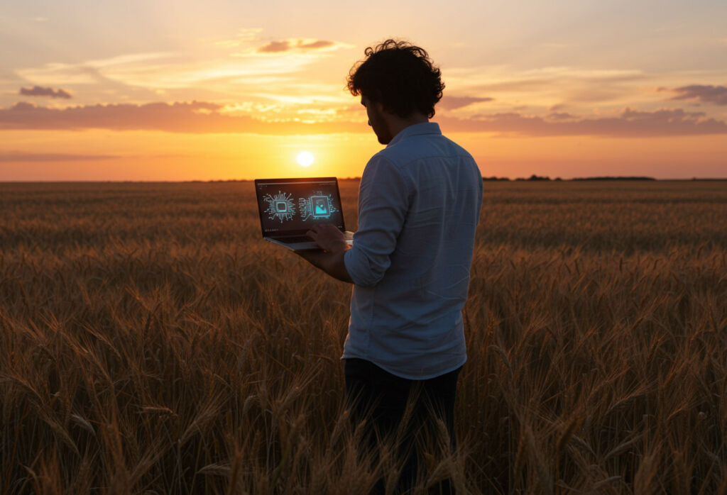 A man in a field using a notebook computer and AI