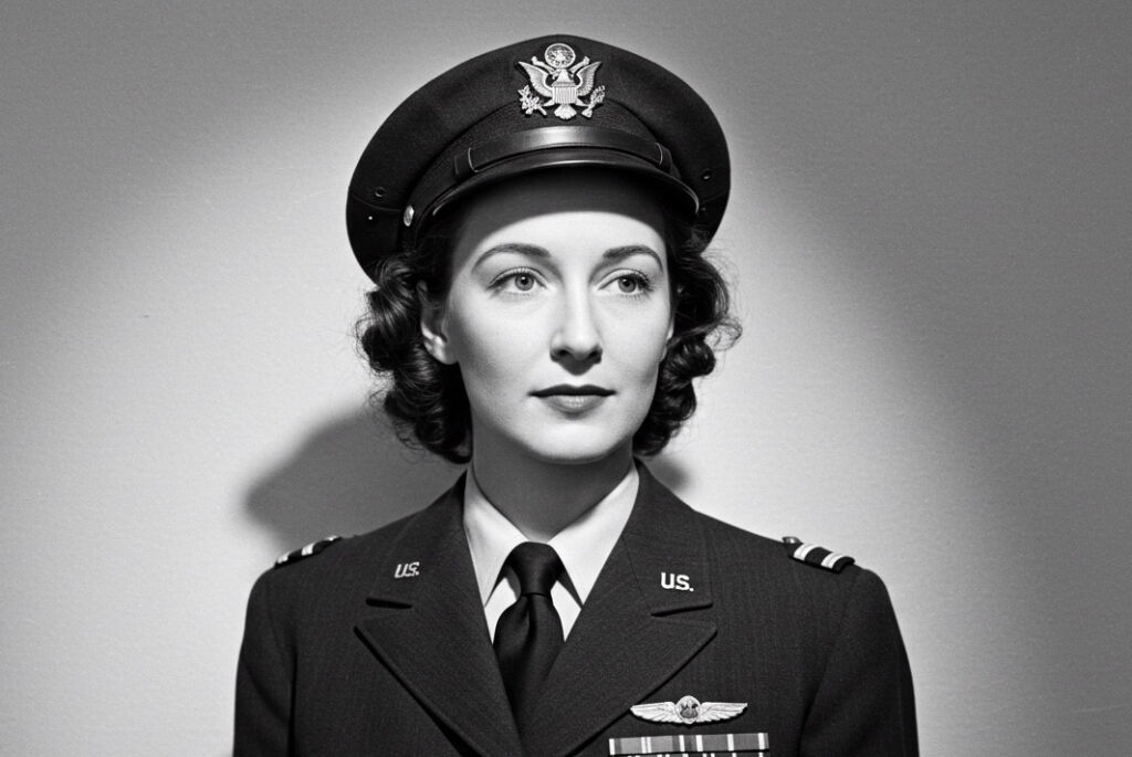 Black and white photograph of a woman wearing a WW2 military uniform