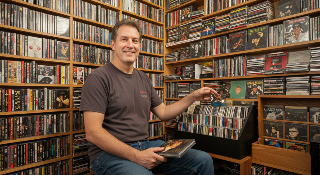 A pleased looking man with his huge CD collection