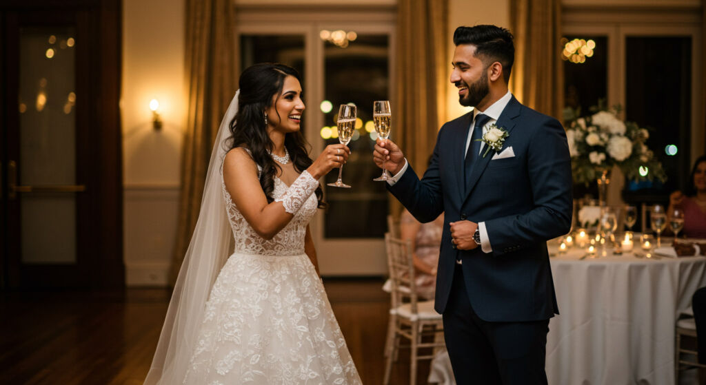 A couple toasting each other