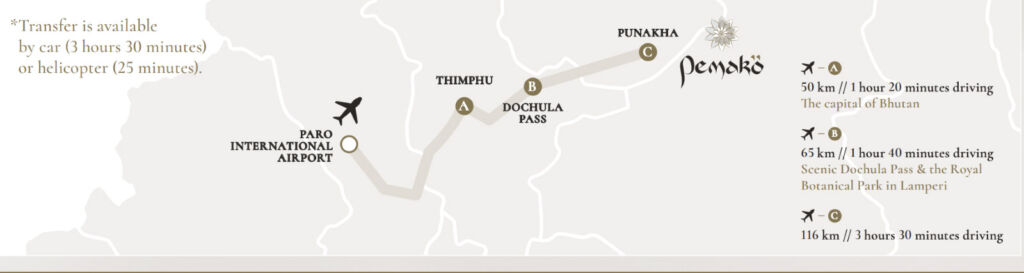 A map showing flight routes to Bhutan with Drukasia