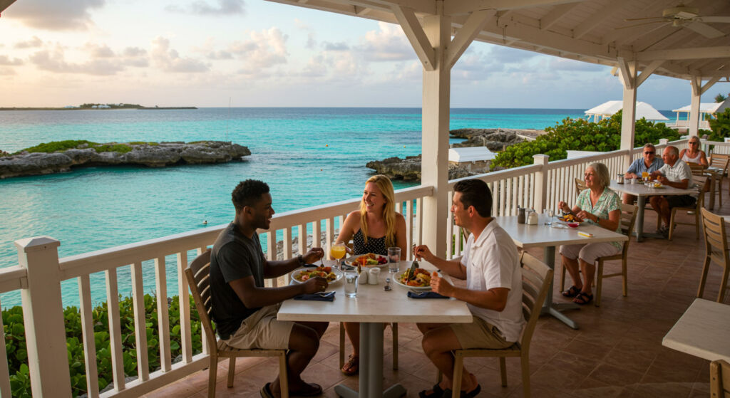 People enjoying a meal by the sea