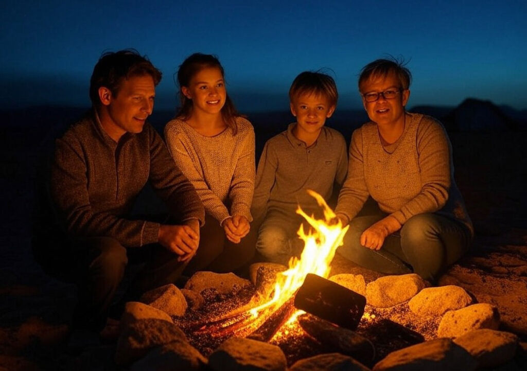 A family sat around a campfire in the desert