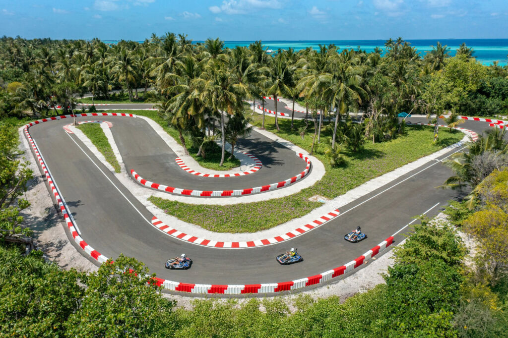 An aerial view showing Karts racing around the track