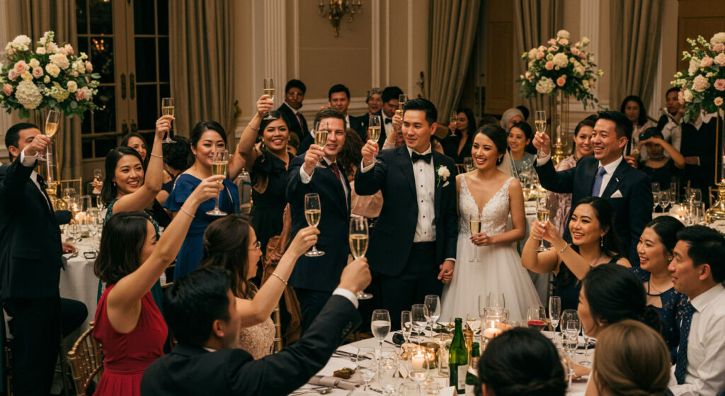 Guests making a toast to the Bride and Groom