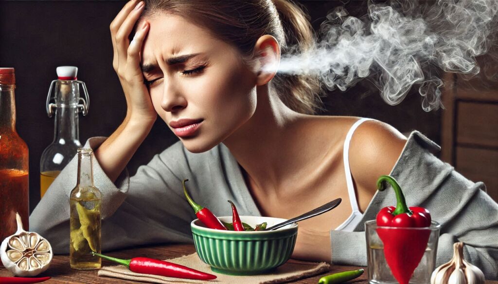 A woman with steam coming out of her ears after heating a hot chilli