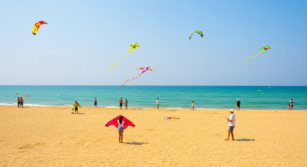 People flying kites on a beach