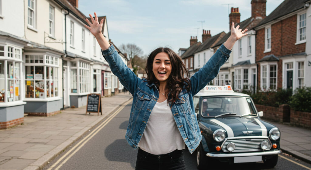 A woman celebrating passing her driving test