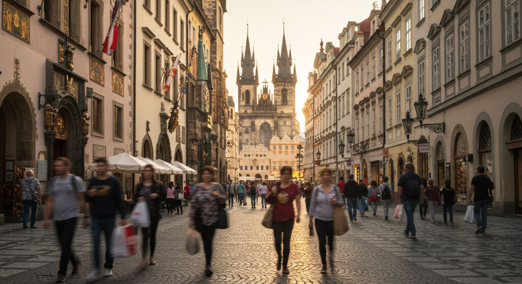 People walking along one of the historic streets