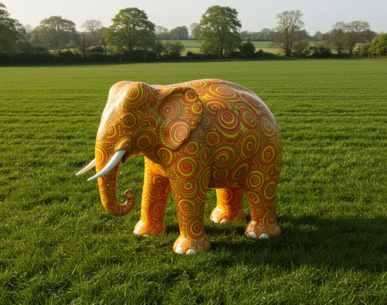 A brightly painted elephant in a field