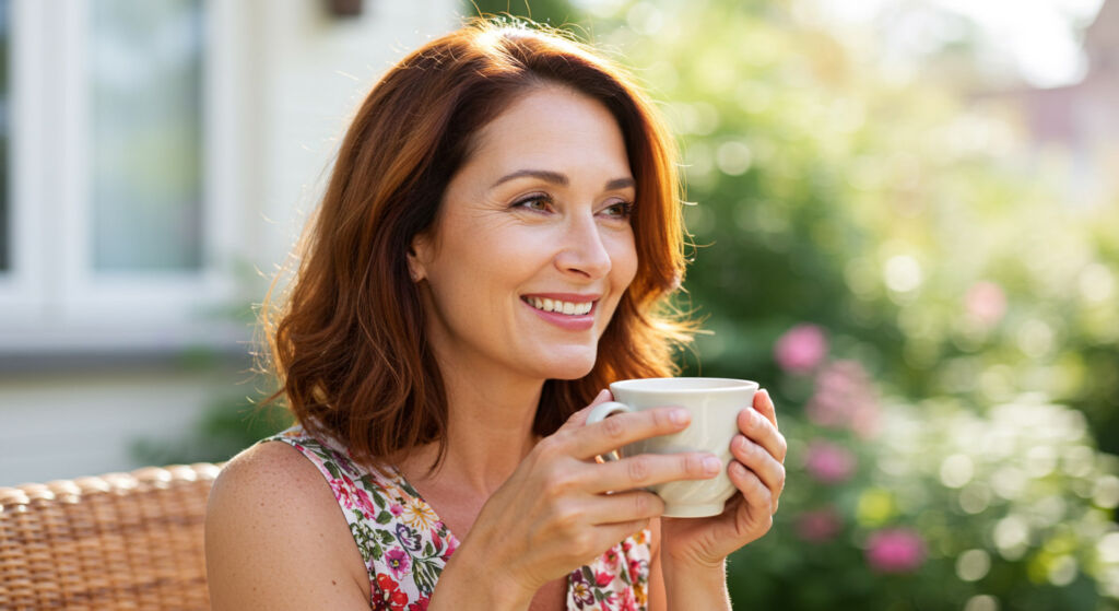 A middle aged woman drinking outdoors