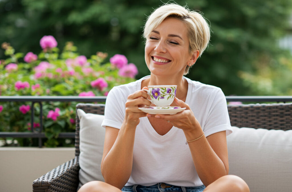 A happy woman enjoying a cuppa in her garden