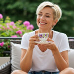 A happy woman enjoying a cuppa in her garden