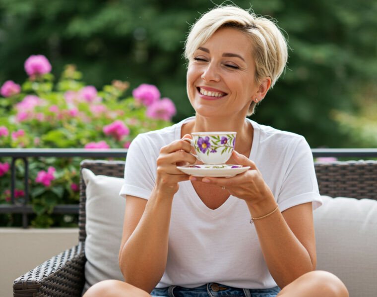 A happy woman enjoying a cuppa in her garden