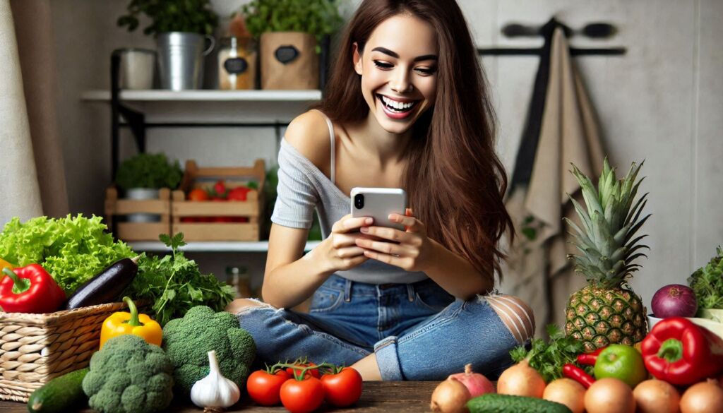 A young woman finding healthy recipes on the app