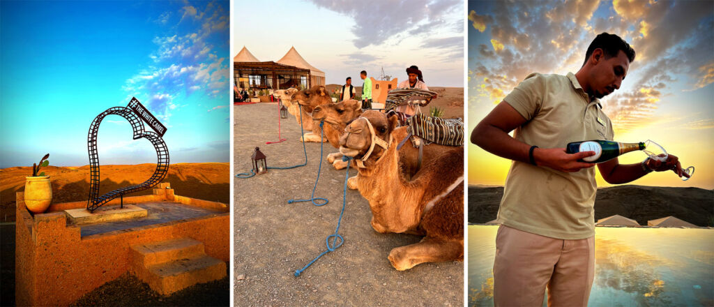 Three photographs showing the White Camel luxury camp experience