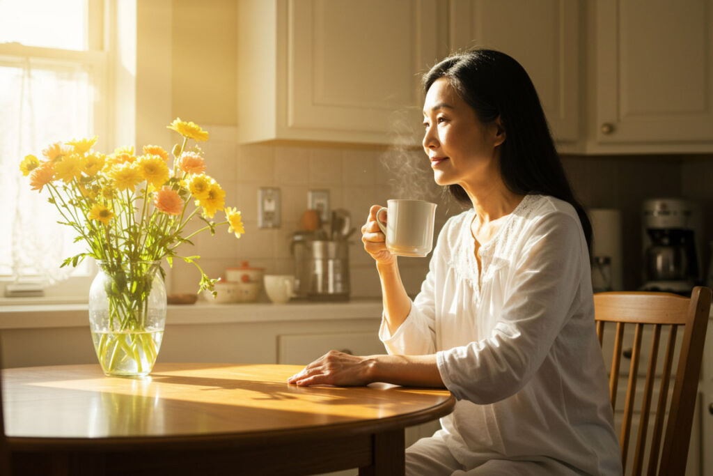 A content woman in her kitchen taking a break